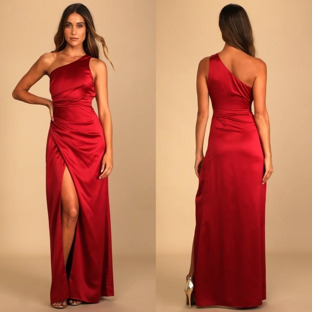 Lulus Dreaming of Elegance Wine Red Satin One-Shoulder Maxi Dress Wedding Party